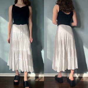 Vintage Y2K Tiered Skirt, 2000s White Cottage A-line Peasant Maxi Skirt
